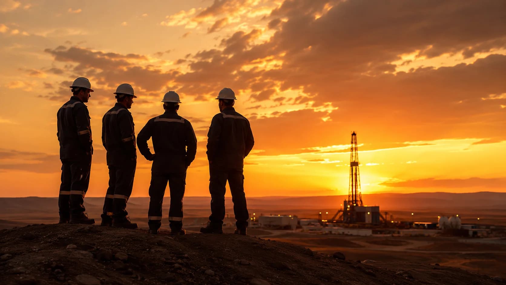 Field team overlooking an energy operation at sunset